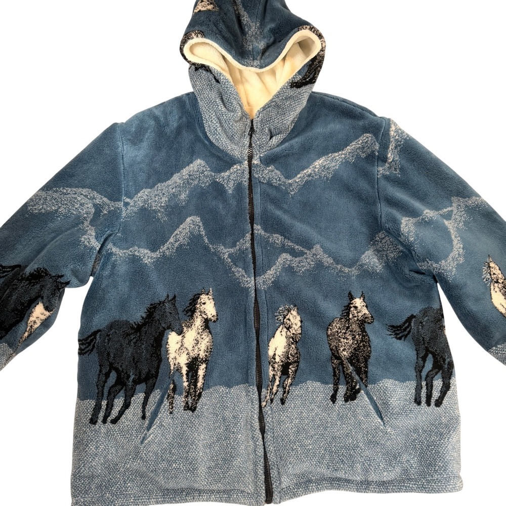 Unbranded Horse Print Fleece Jacket Large Blue Heavy Full Zip Hoodie Mountain